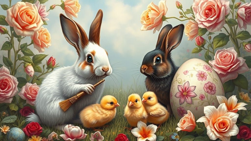 Rabbits and Chicks Painting Easter Eggs in Fantasy Landscape