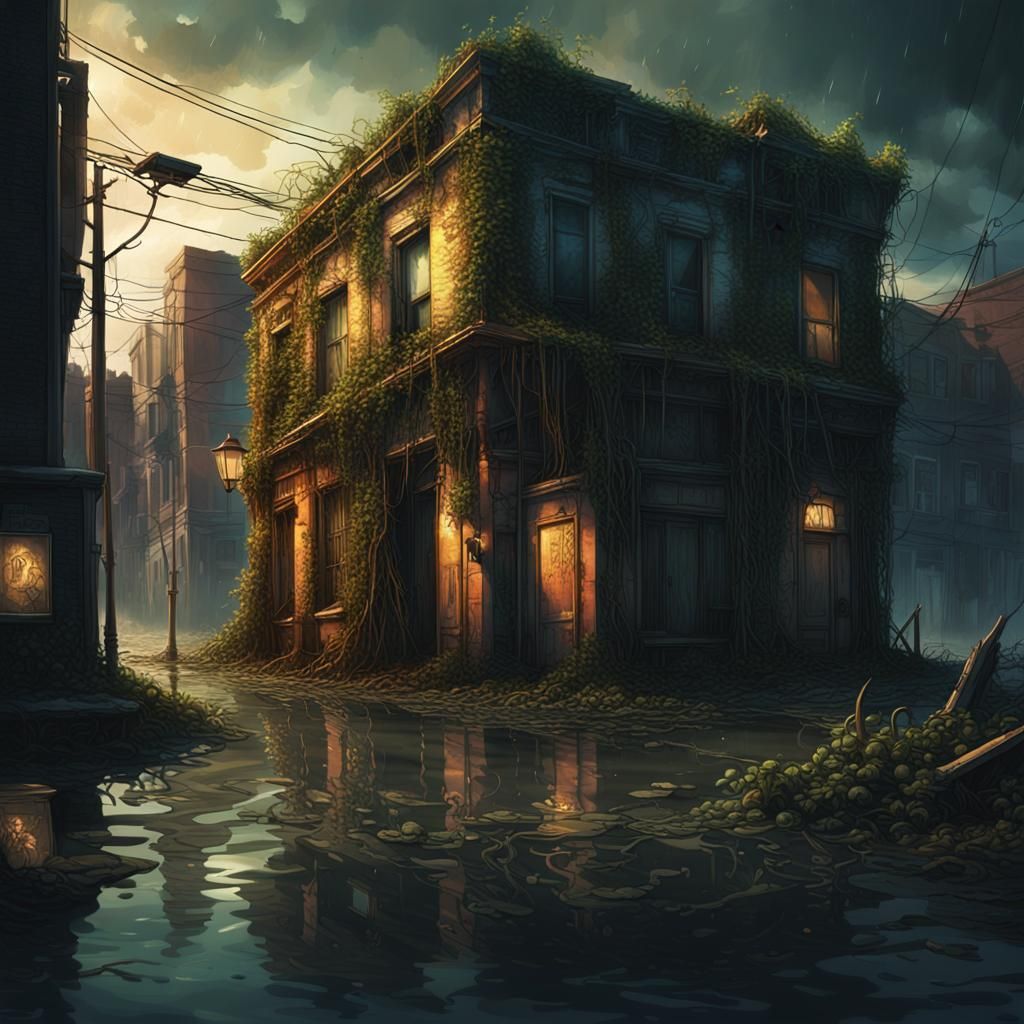 Post-Apocalyptic Flooded Cityscape with Overgrown Architectu...