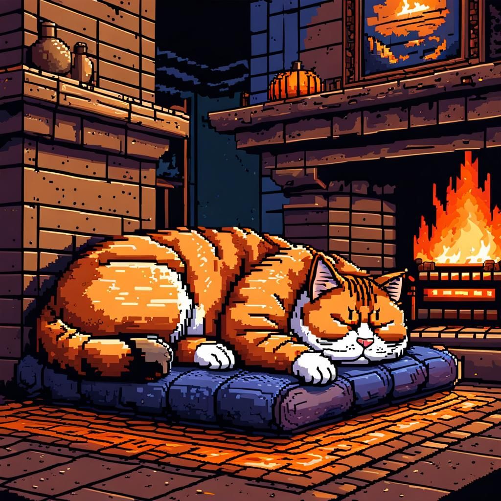 Pixel Art: Fat Cat Sleeping by Fireplace