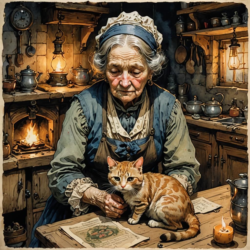 Sad French Lady with Cat: Art Nouveau Portrait