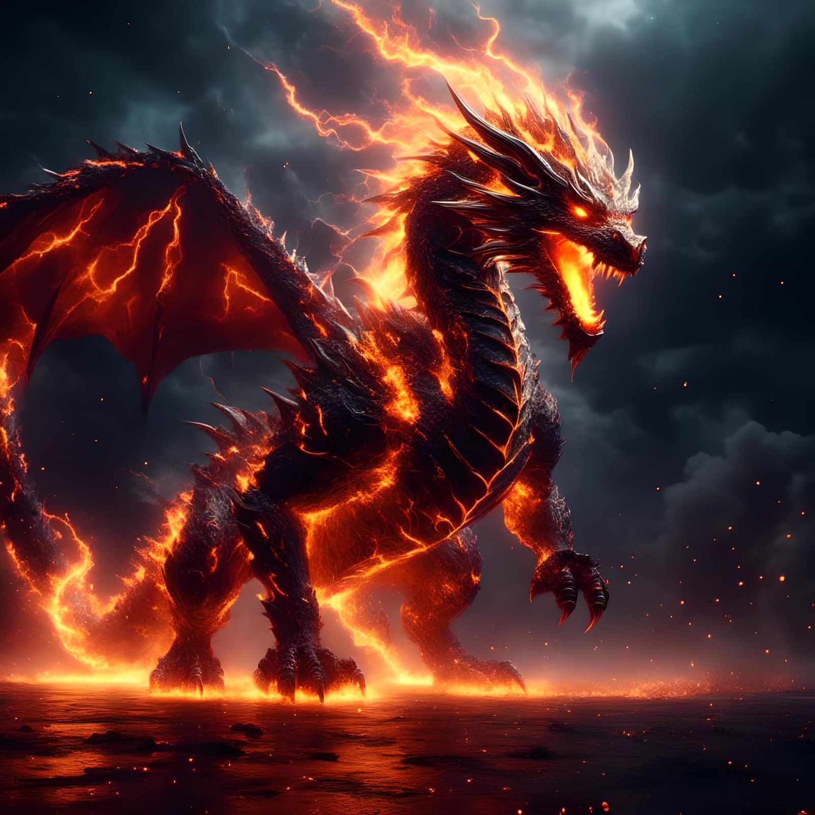 Fire and Lightning Dragon Soaring in the Sky