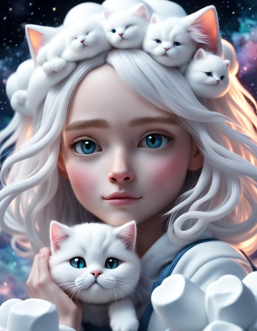 Girl with Cat in Marshmallow Cloud, Claymation Style