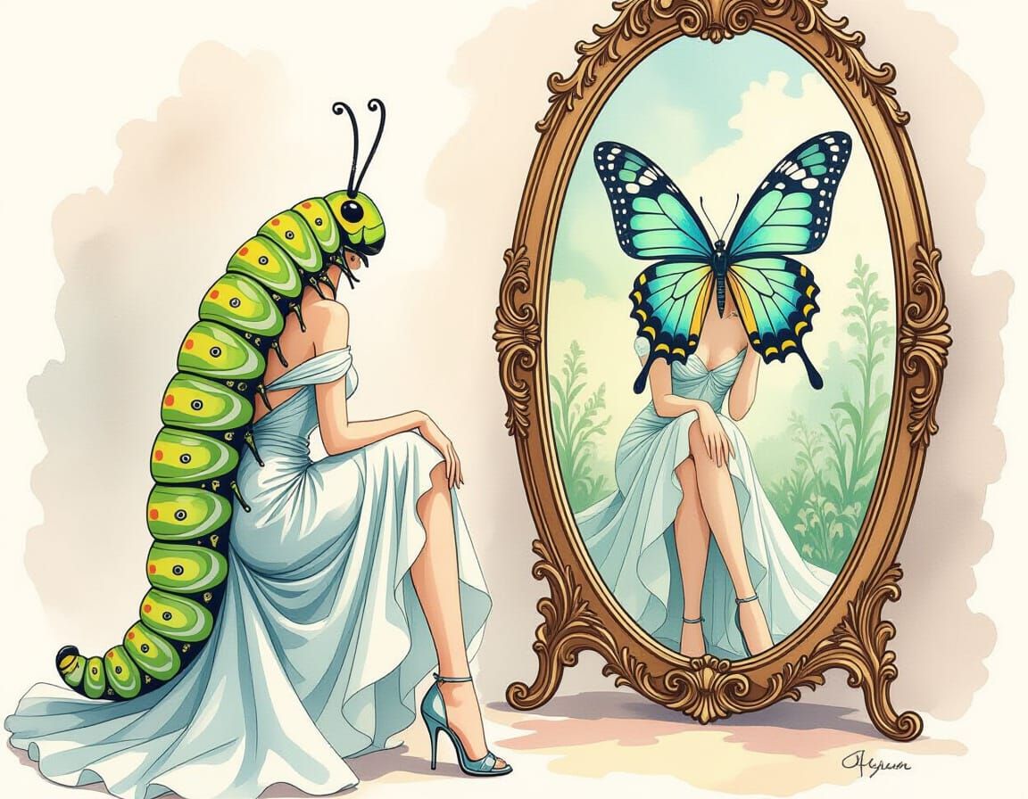Caterpillar's Dream: Watercolor Butterfly Reflection