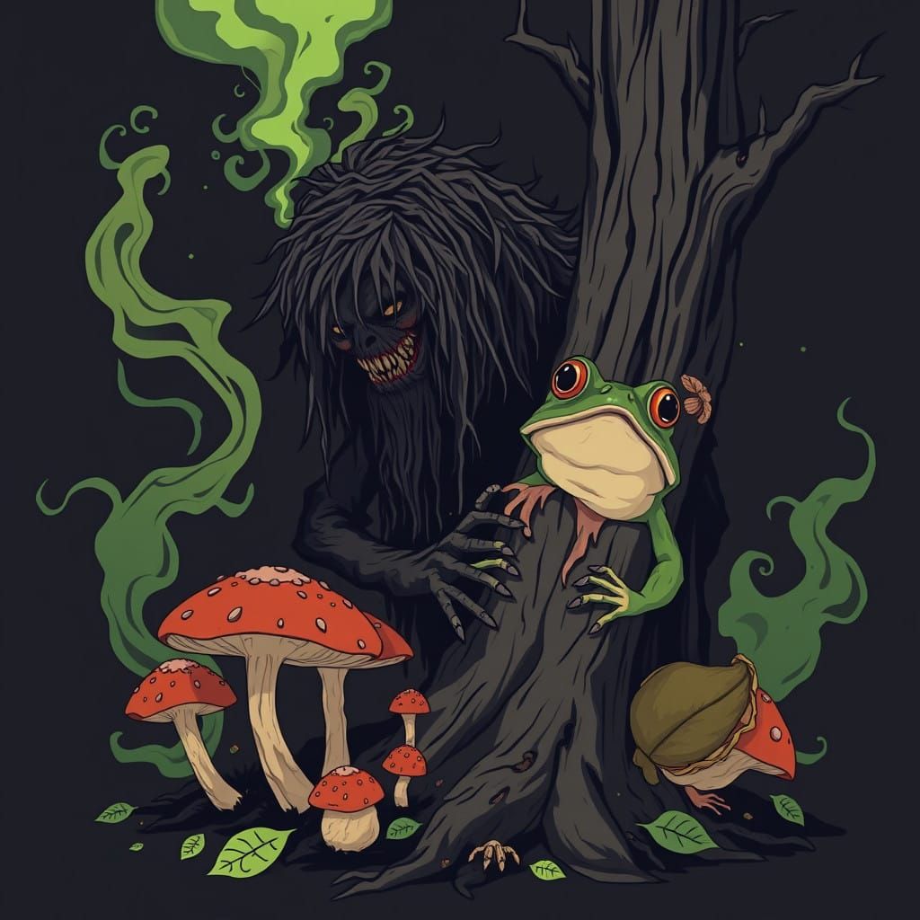 Dark Fae Creature Unveils Rotting Tree in Vivid Digital Art