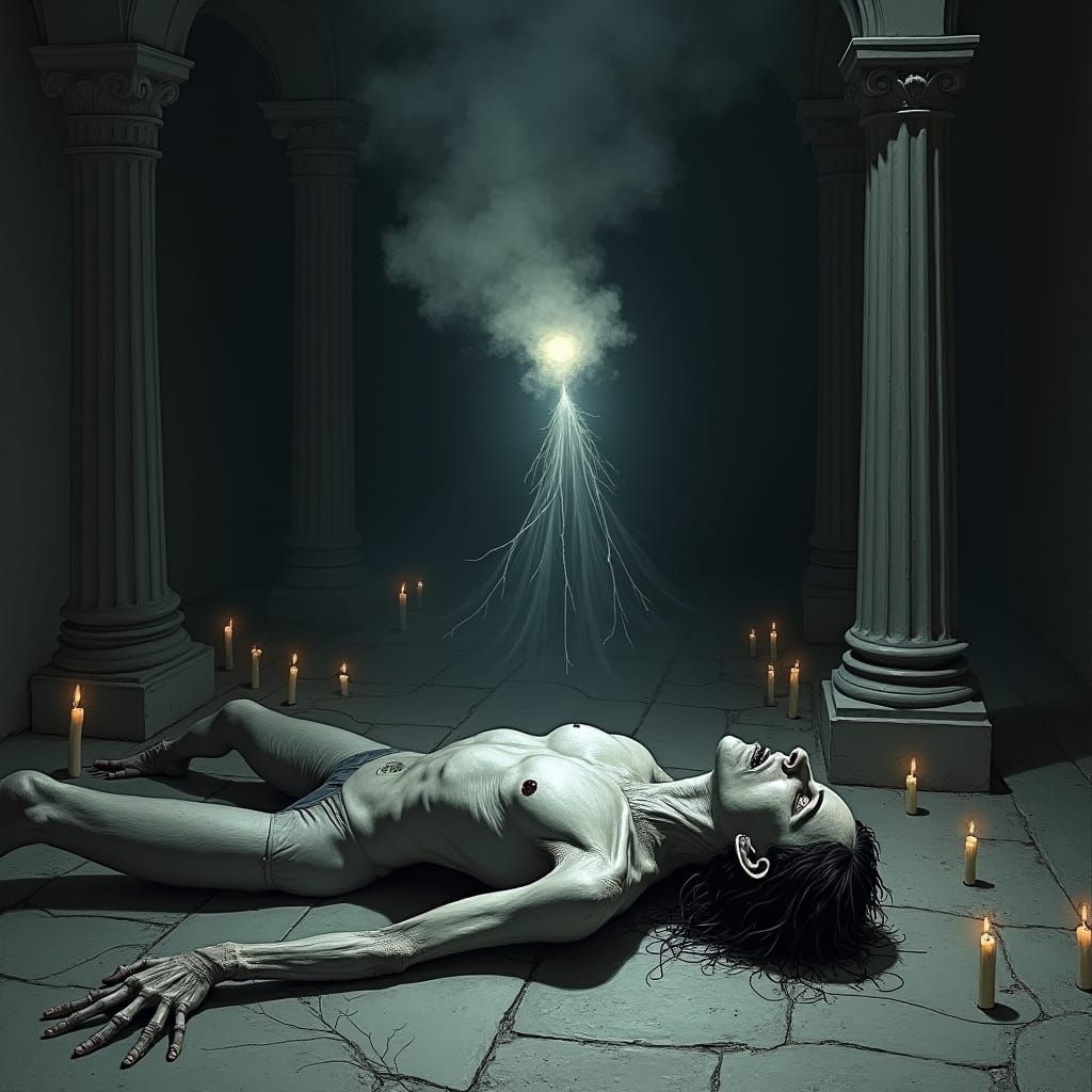 Ethereal Soul Escaping Corpse in Gothic Scene