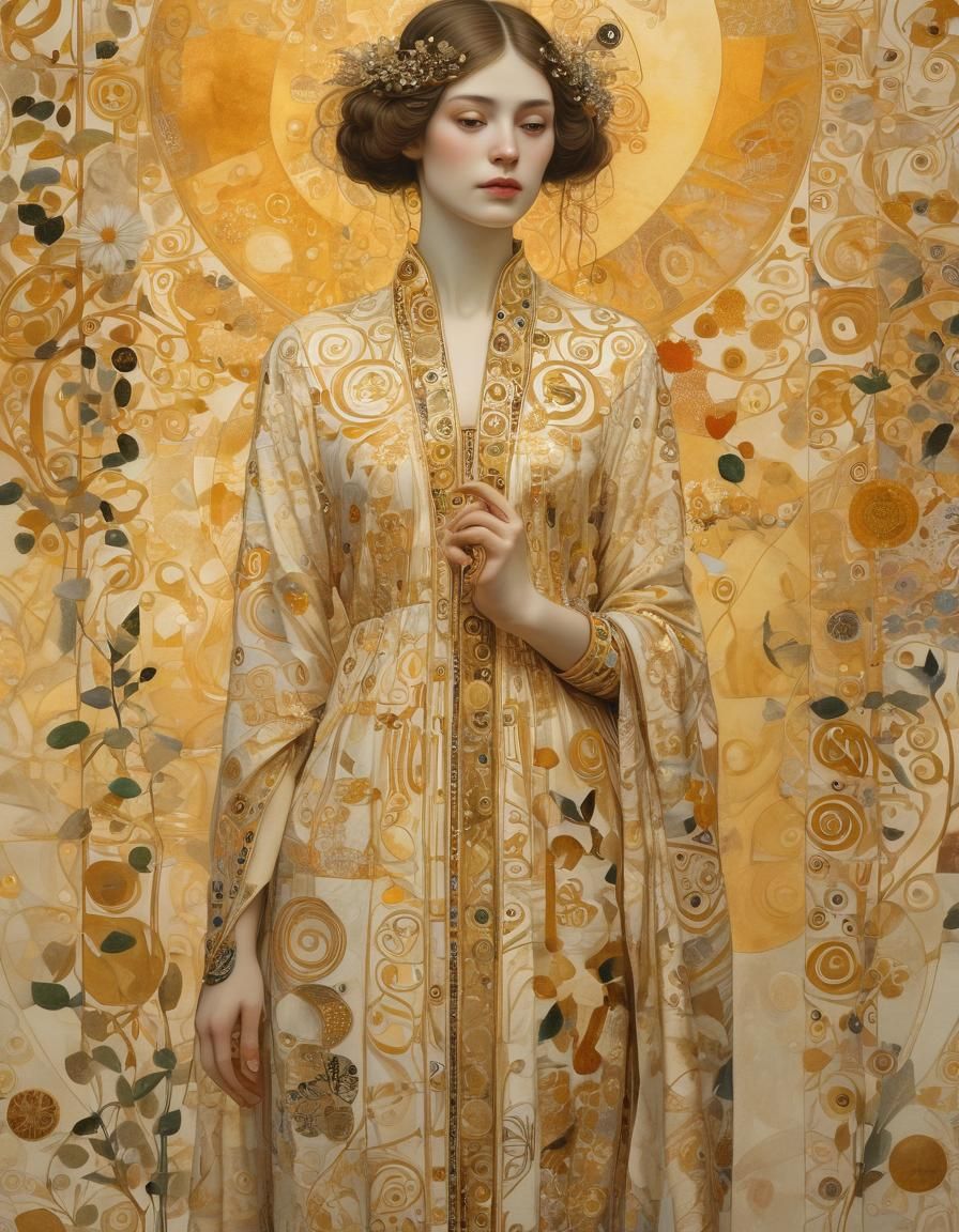 Symbolist Woman in Golden Light, Art Nouveau Style