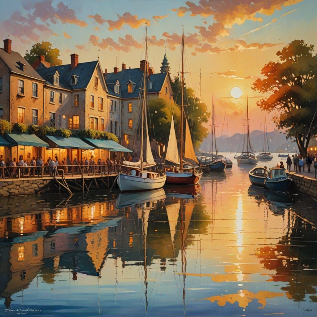 Impressionist Waterfront Scene: Boat & Tavern in Golden Ligh...