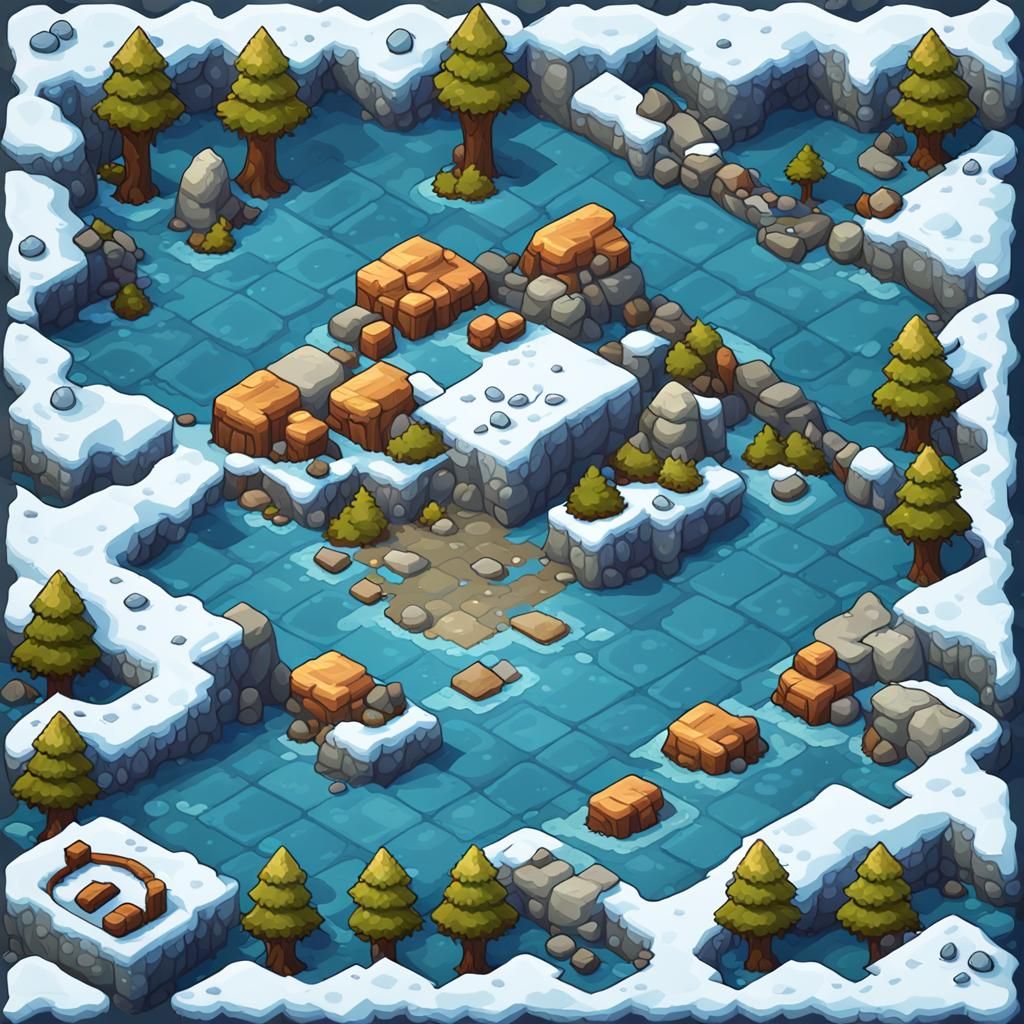 Snowy Wasteland: 2D Top-Down Tileset in Matte Painting Style