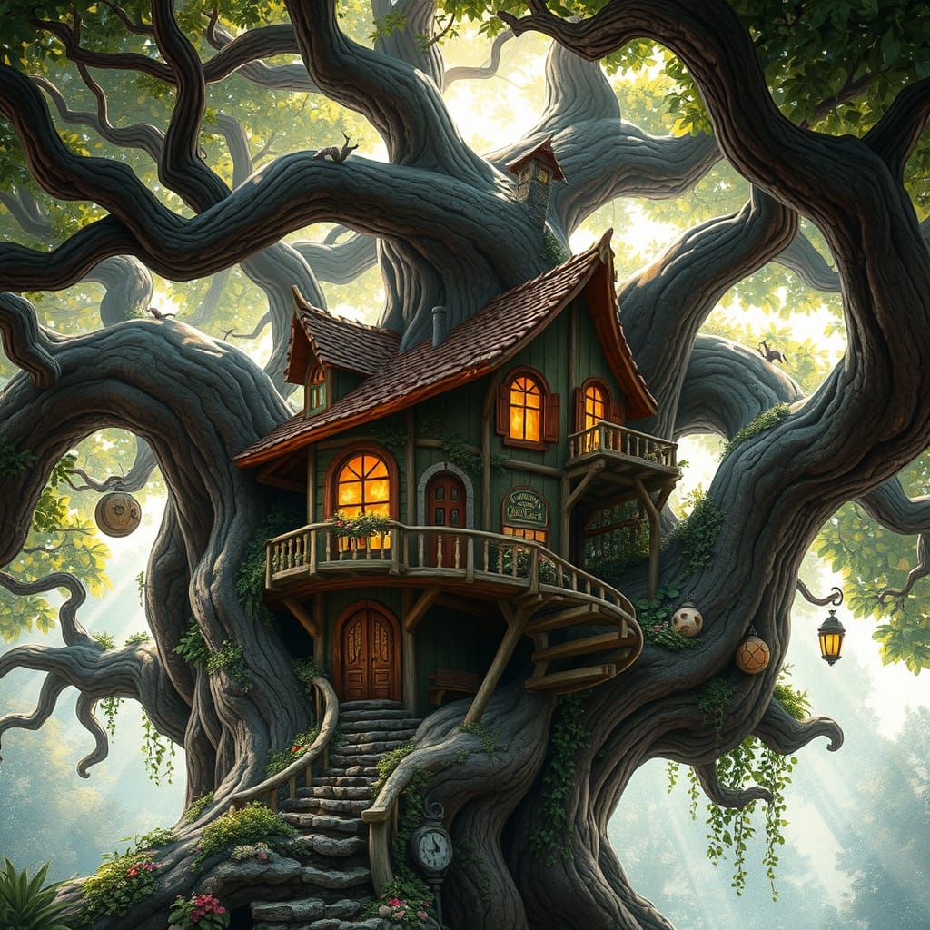 Dreamlike Treehouse Amidst Ancient Tree Canopy