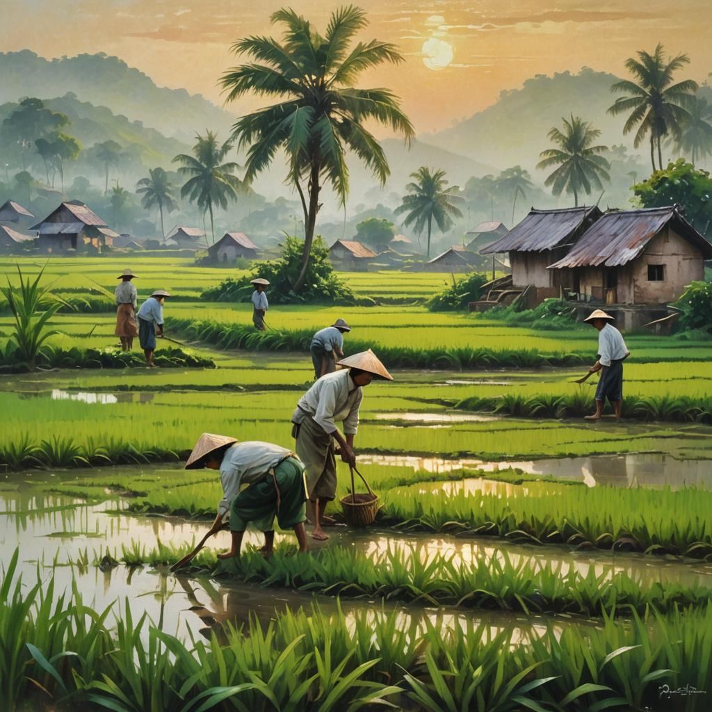 Lush Paddy Fields: Impressionist Village at Dawn