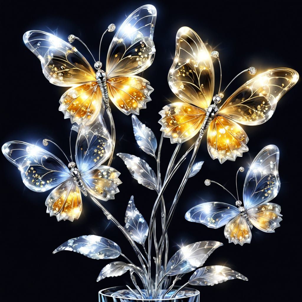 Crystal Flower with Silver Veins and Golden Butterflies