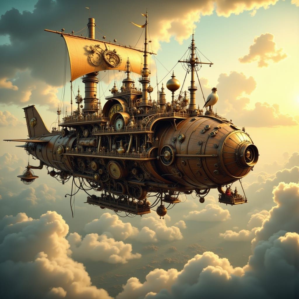 Steampunk Wooden Airship Soaring Through Golden Skies