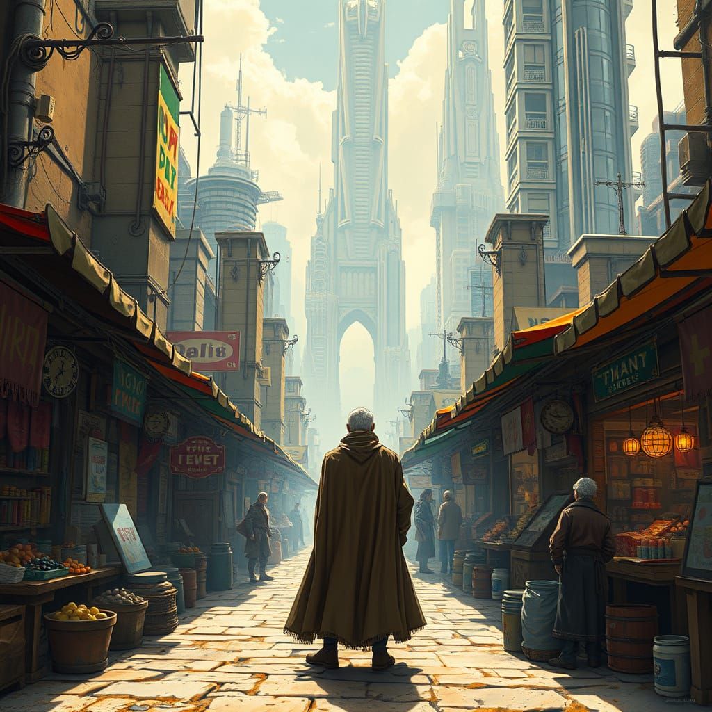 Time Traveler Meets Future Self in Ancient Marketplace