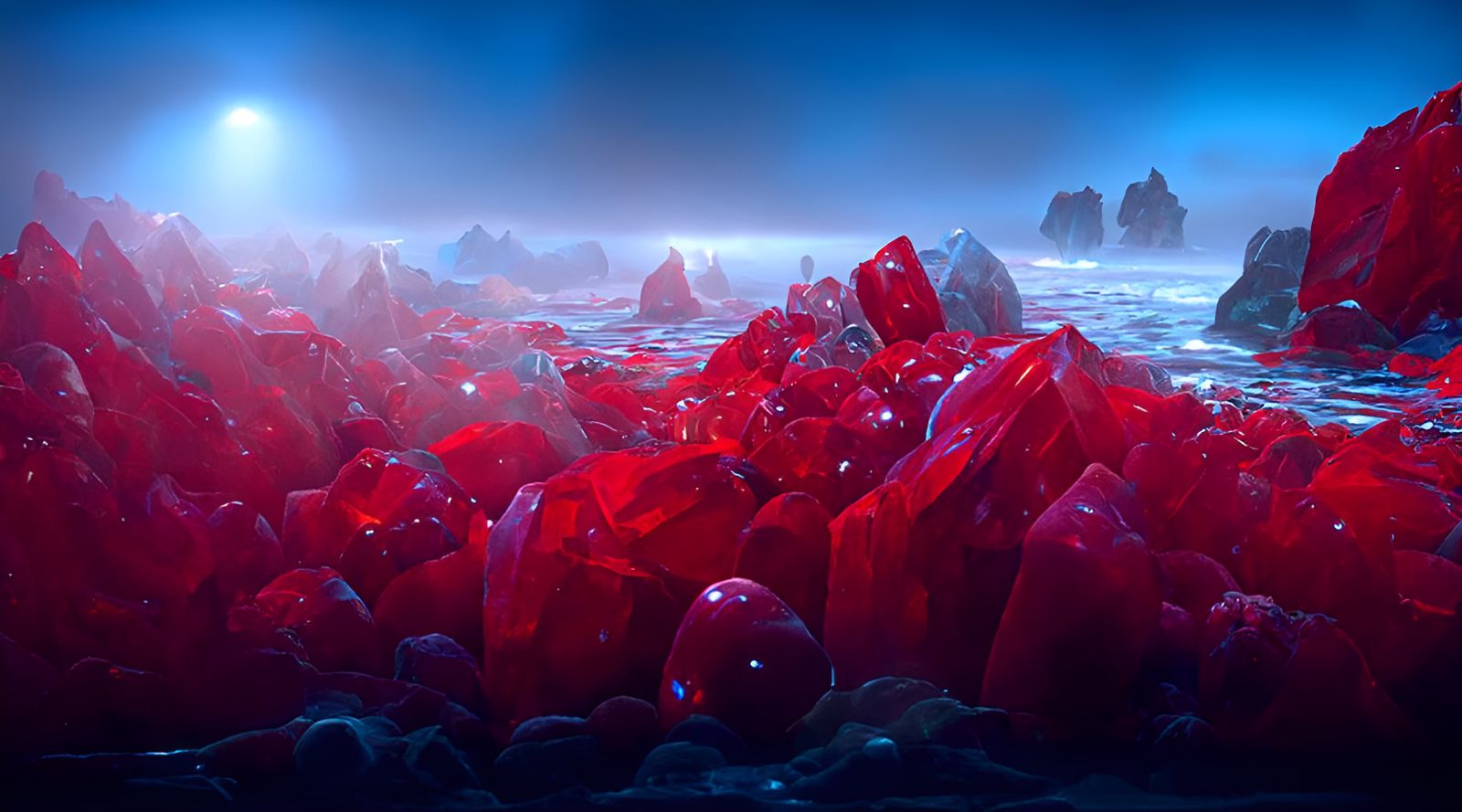Red Gem Ocean in Hyperrealistic Style