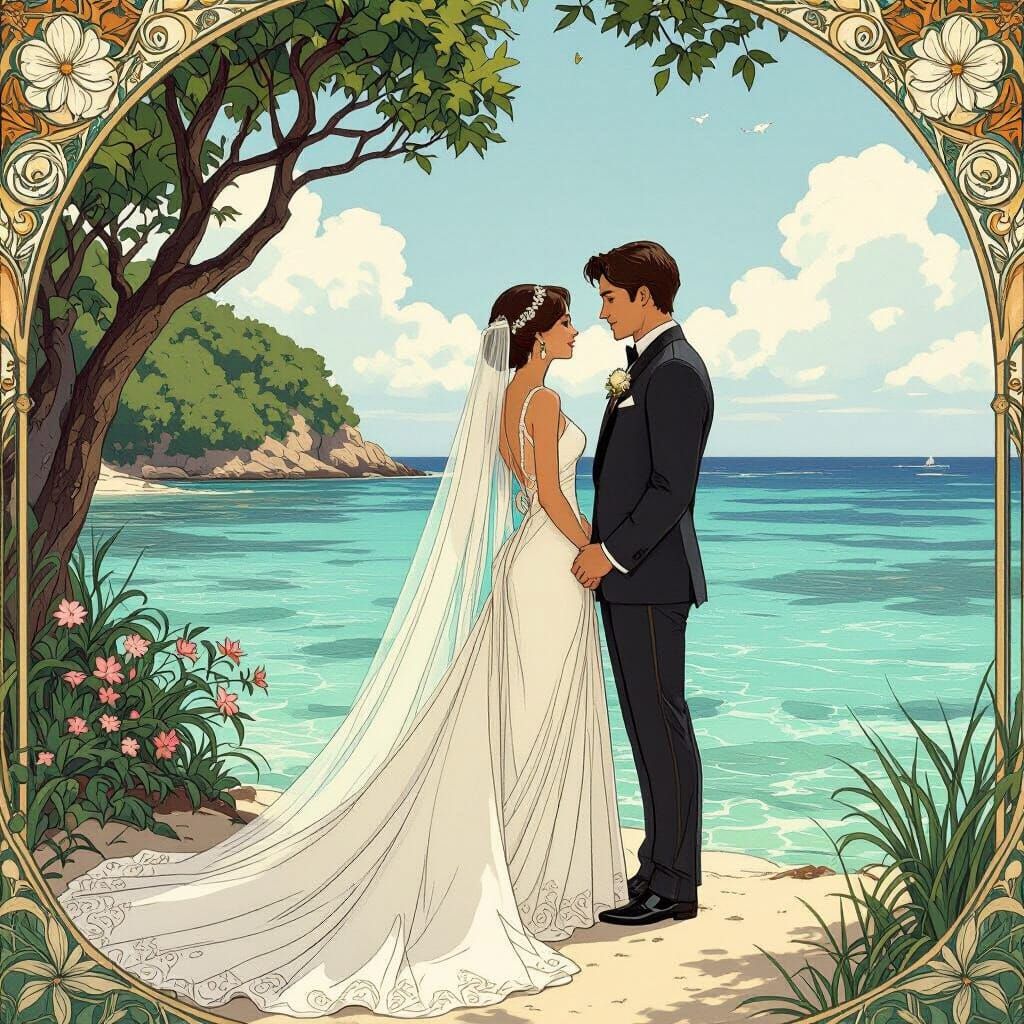Island Wedding Scene in Art Nouveau Style