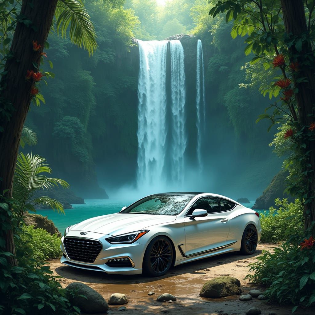 Sleek Genesis Coupe Beside Turquoise Waterfall in Jungle Lan...