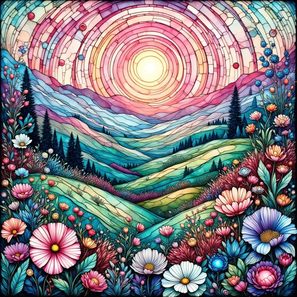 Stained Glass Countryside Landscape in Art Nouveau Style