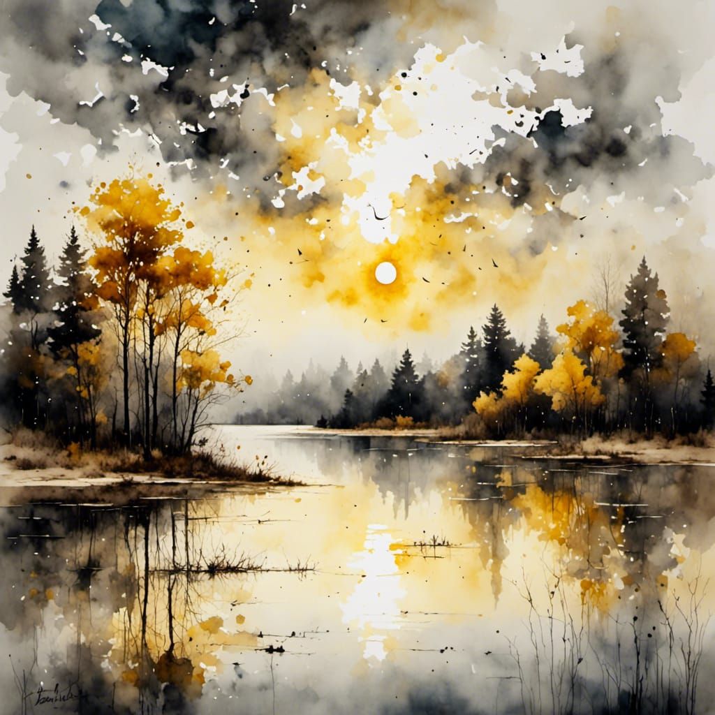 Dawn Over Lake: Antique Watercolor Landscape