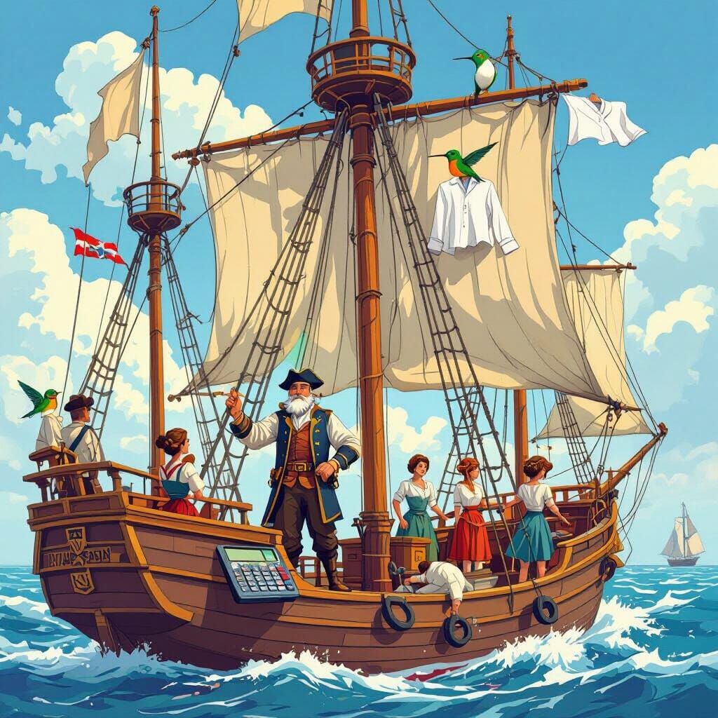 Whimsical Sailing Ships with Captain and Hummingbird