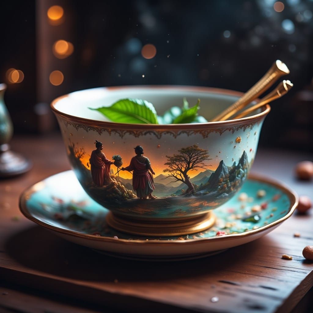 Ancient Asian Cup With Mystical Drawings and Tea Leaves