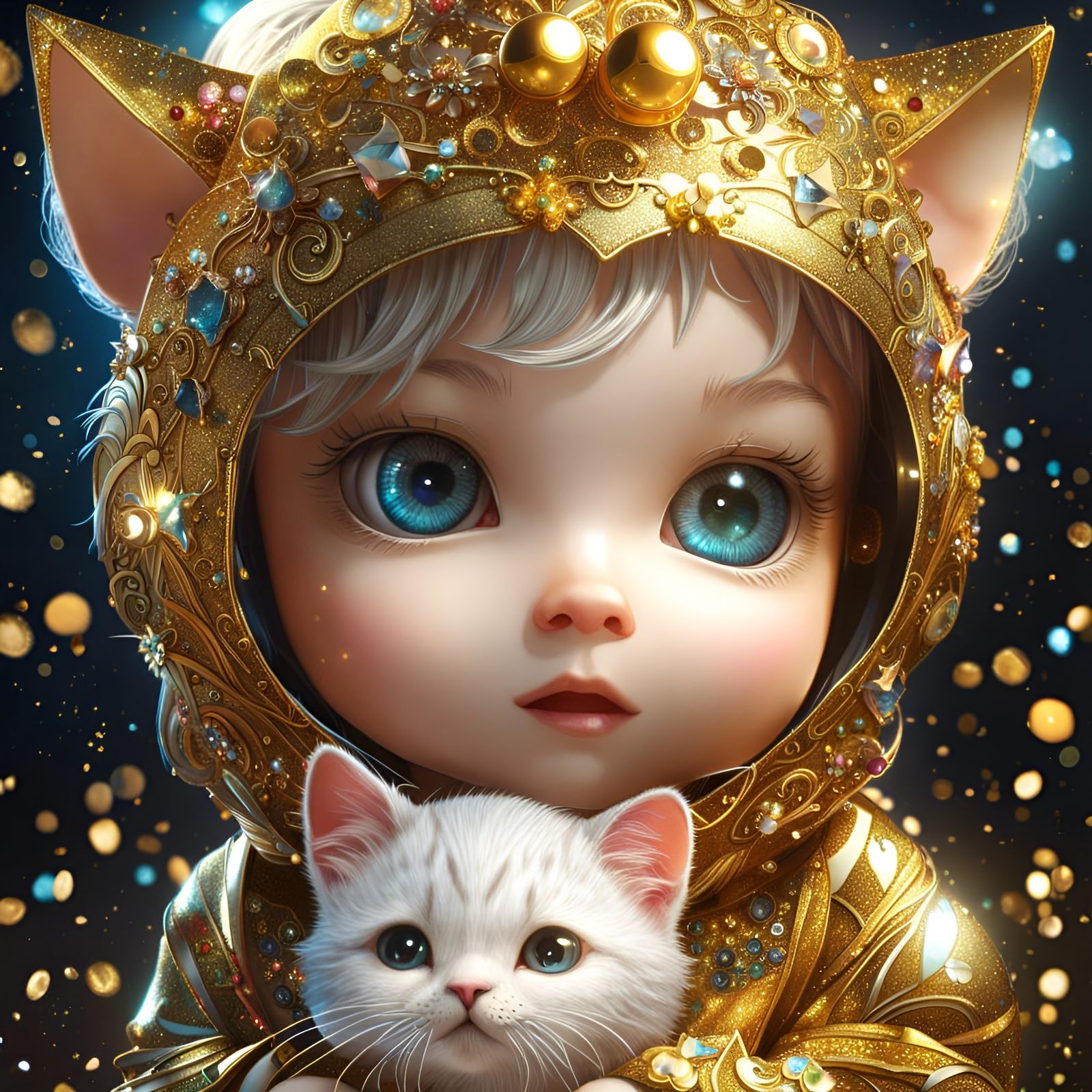 Cute Baby Catgirl in Gold Glitter Outfit