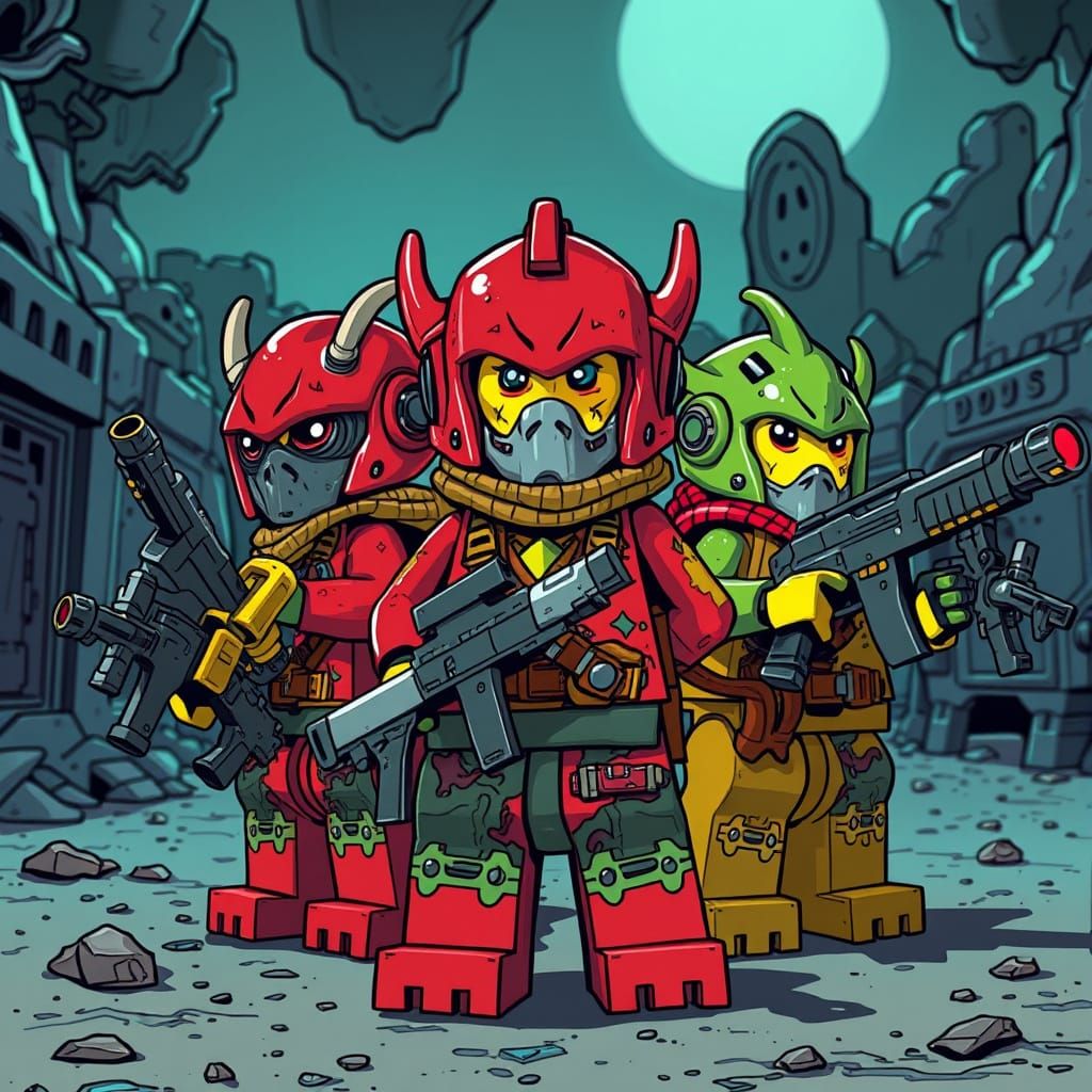 Lego Aliens in Haunted Space Outpost: Cartoon Style