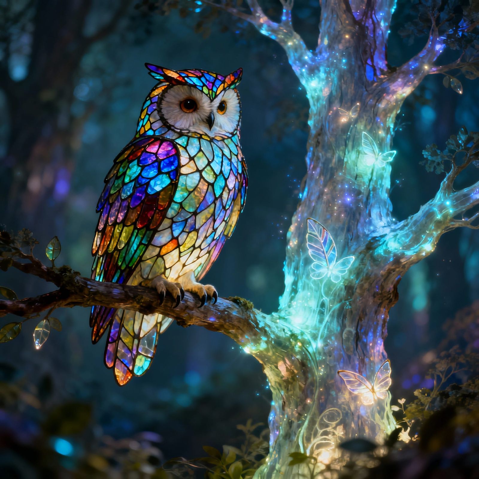 Stained Glass Owl on Bioluminescent Tree in Enchanted Forest