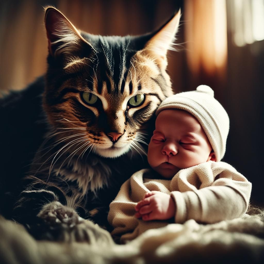 Mother Cat and Newborn Baby: A Cinematic Portrait