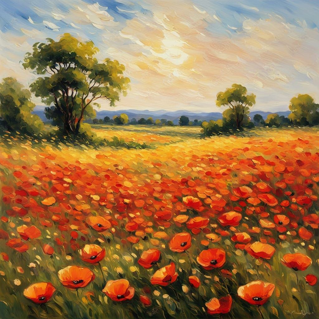 Impressionist Poppies Dance in Warm Golden Light
