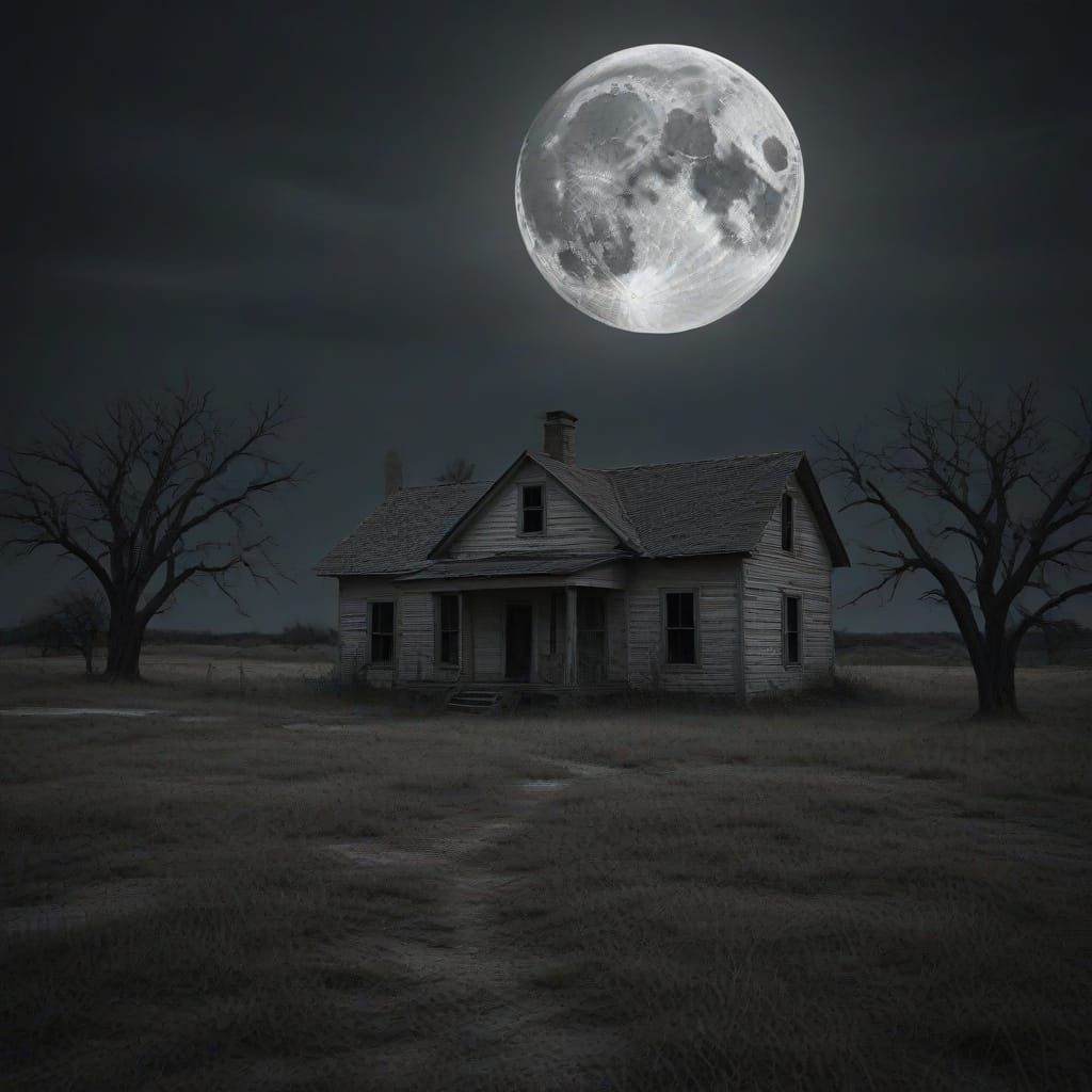 Haunted Texas Farmhouse Under Eerie Full Moon
