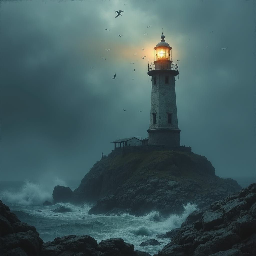 Lighthouse in Stormy Seas: Matte Painting Style