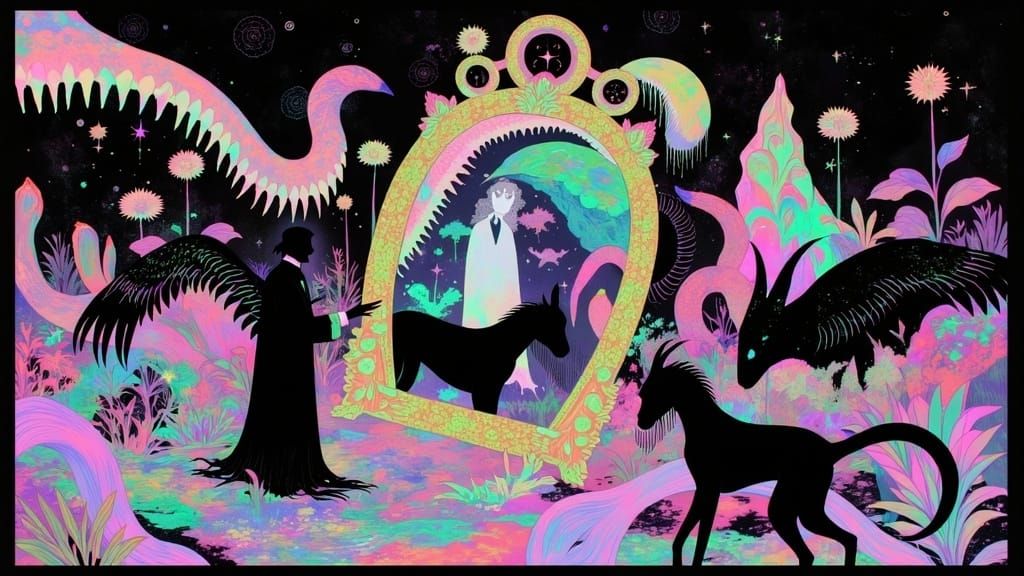 Gilded Mirror: Shark, Vulture and Dogs in Klimt Style