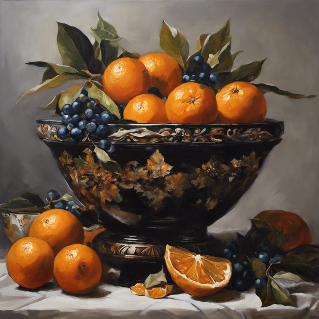 Realistic still life painting of fruit in a black and gold fruit bowl.