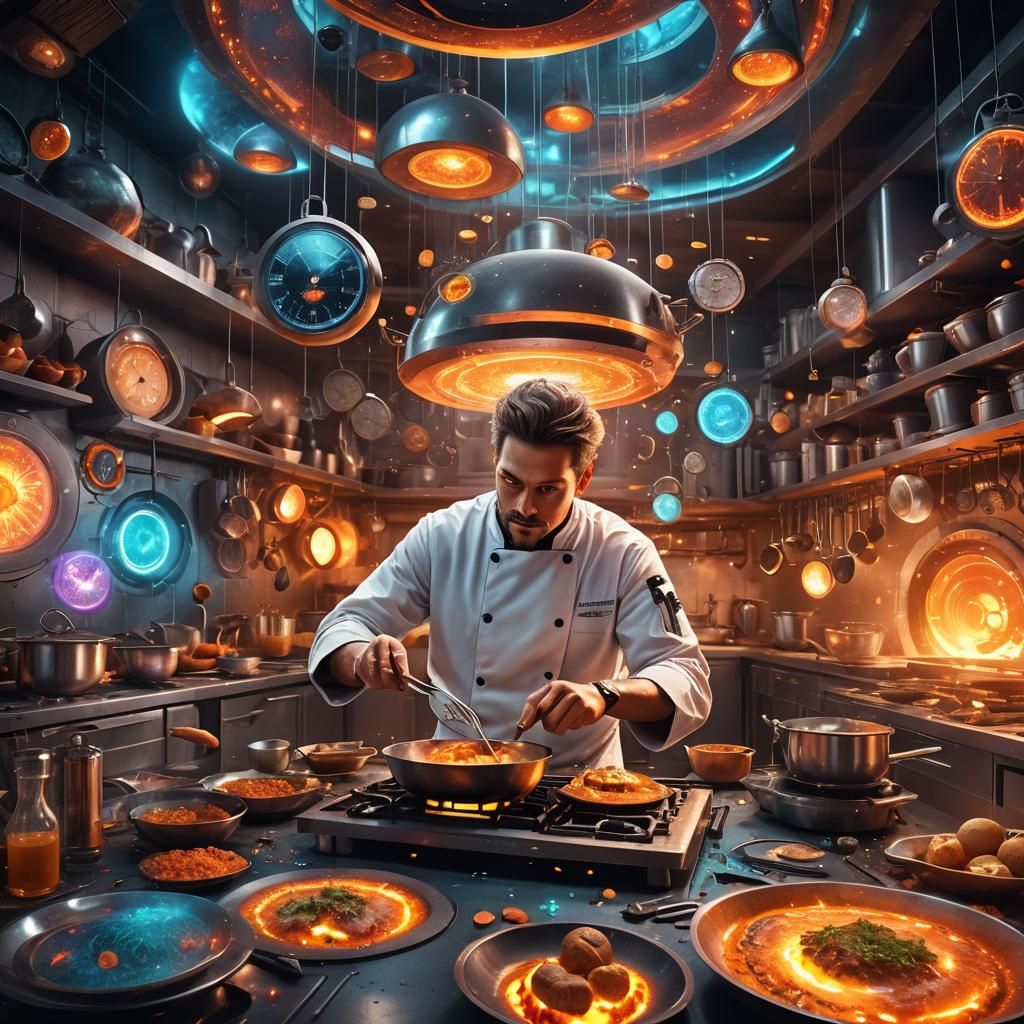 Quantum Time Chef Prepares Meal in Surreal Kitchen