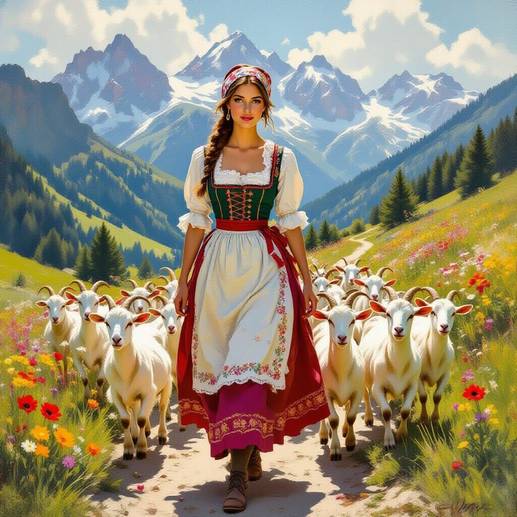 Elegant Swiss Woman Herding Goats in Alps