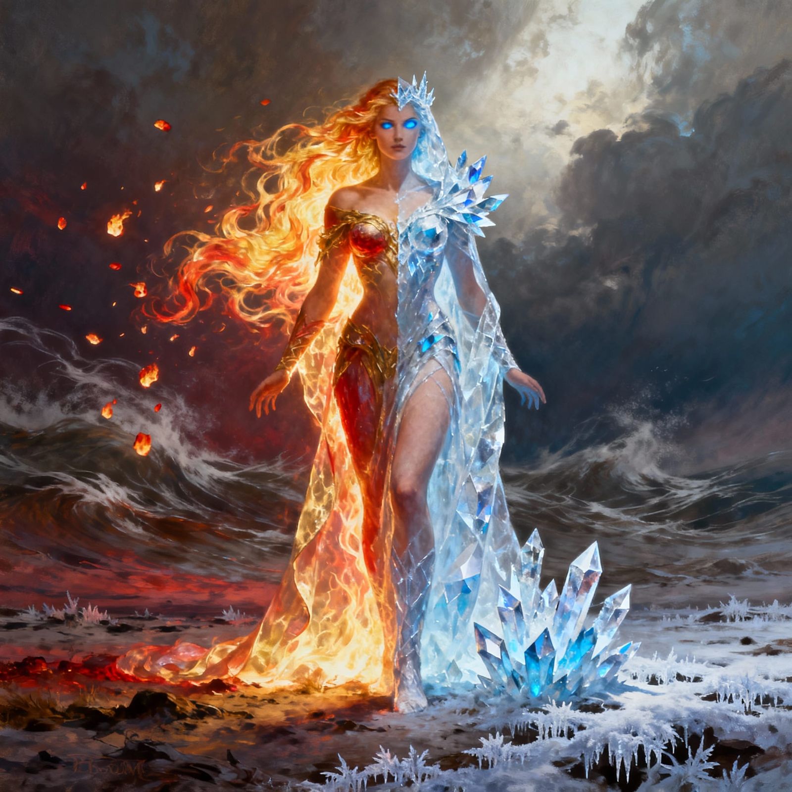 Fire and Ice Goddess on Desolate Landscape