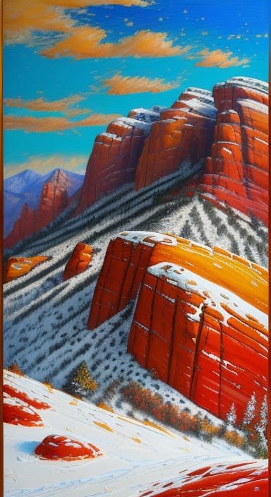 Red Rocks in Snow: An Expressionist Oil Painting