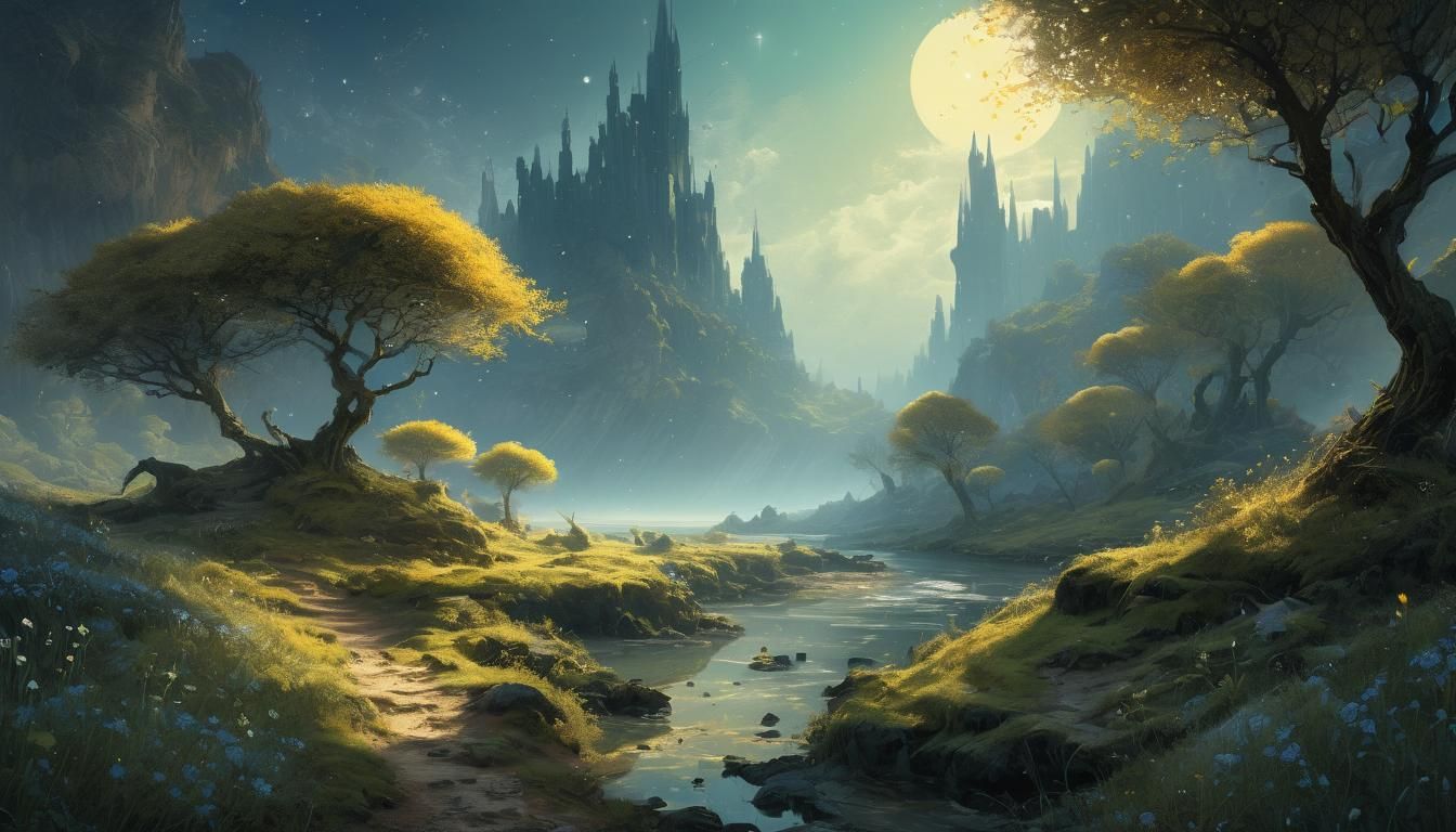 Dreamy Fairy Landscape with God Rays, Digital Art