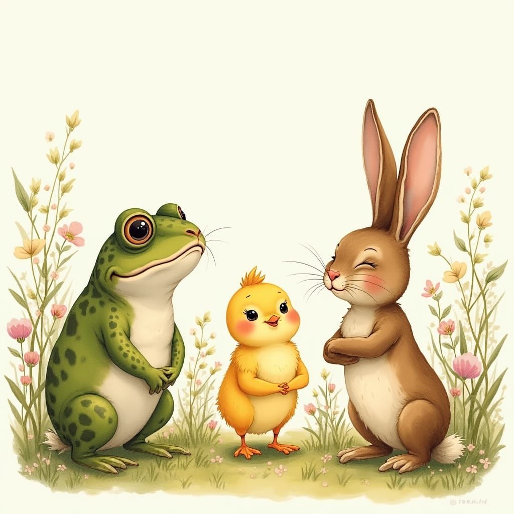 Whimsical Meadow Scene in Beatrix Potter Style