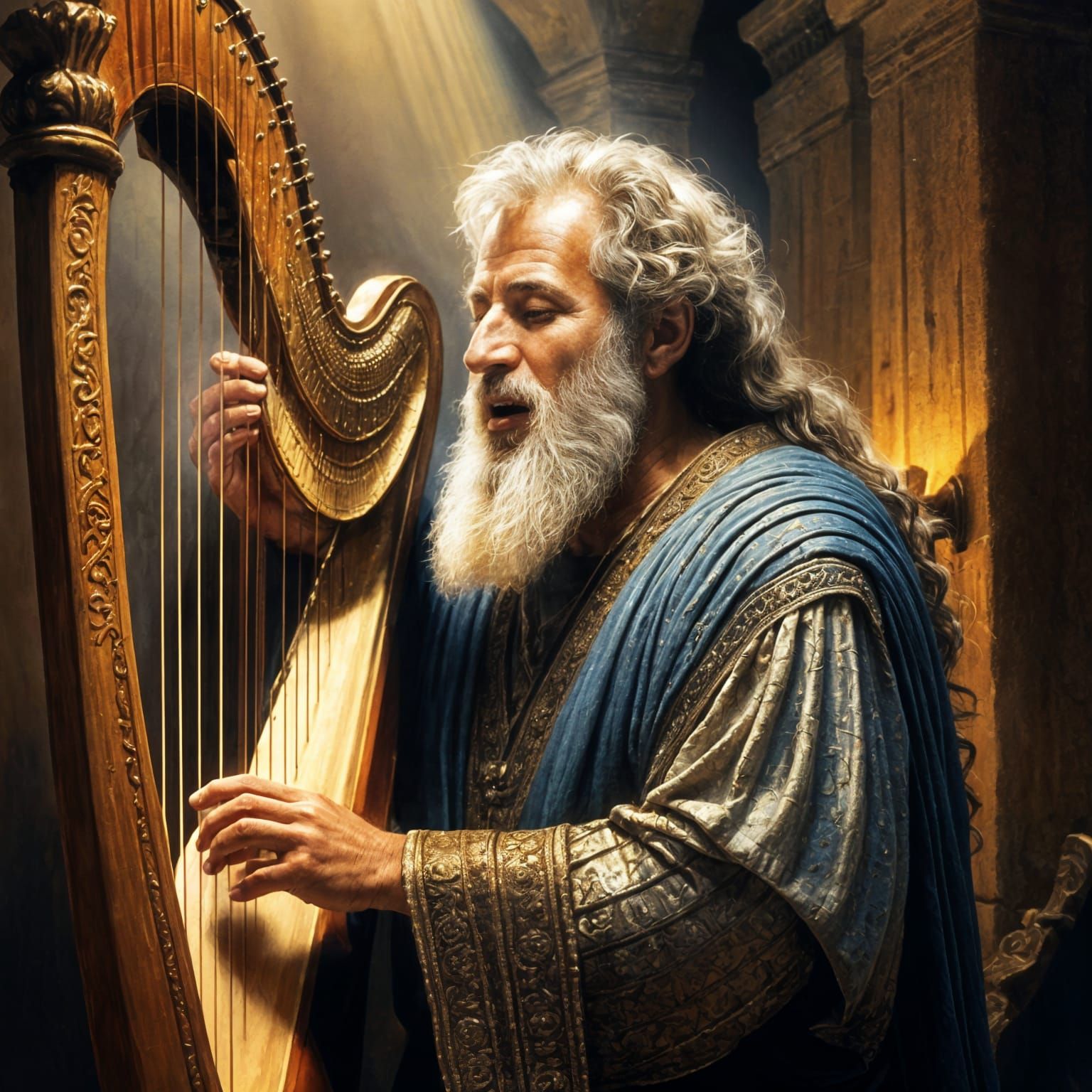 Biblical King David Plays Harp in Palace with Joyful Express...