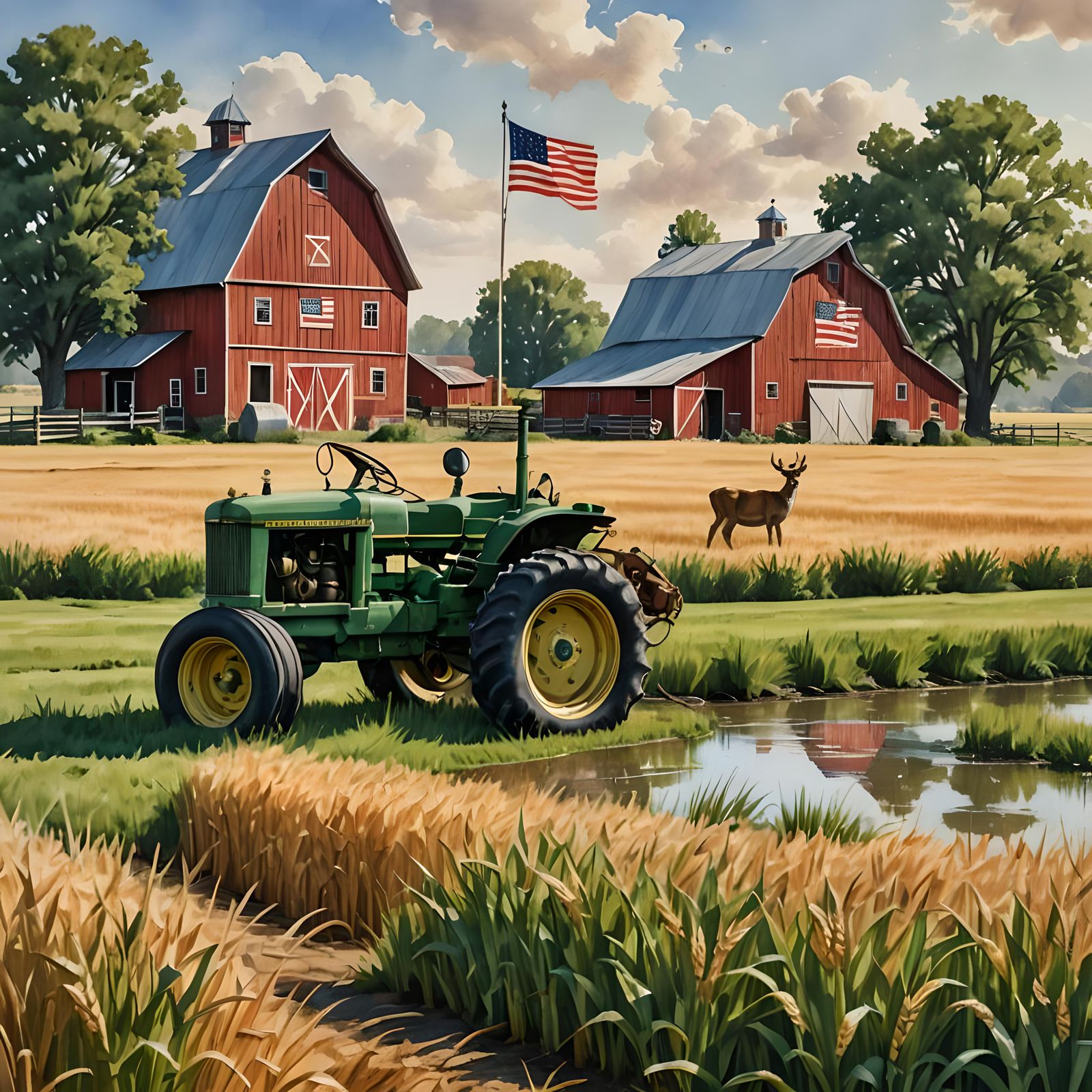 Vintage Tractor in Wheat Field, Watercolor Style