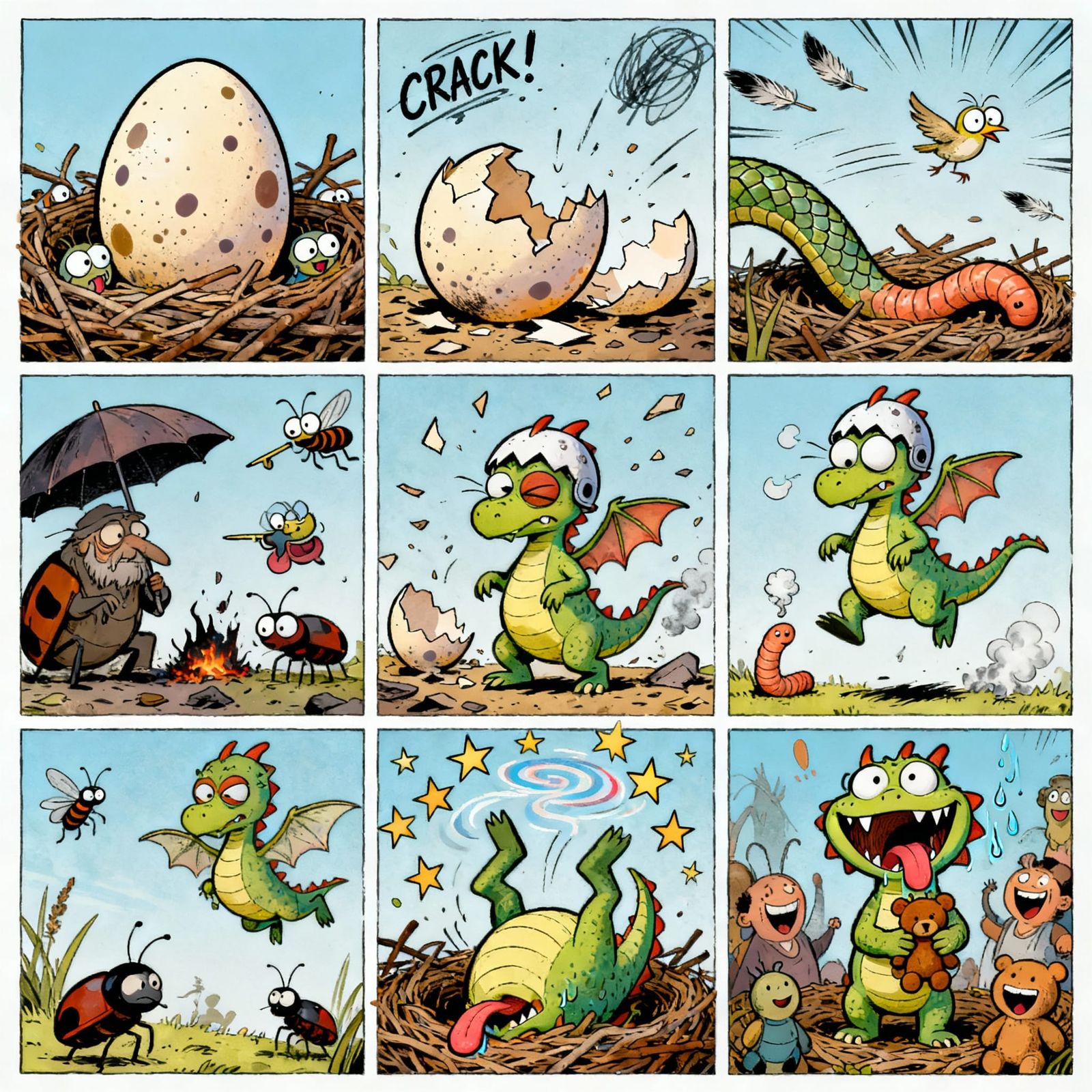 Baby Dragon Hatches in Ken Reid Style Cartoon