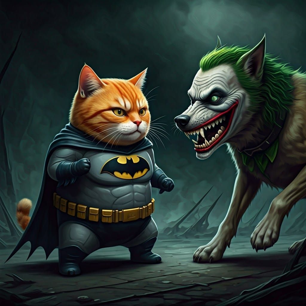 Bat-Cat Confronts Joker-Dog in Gothic Landscape