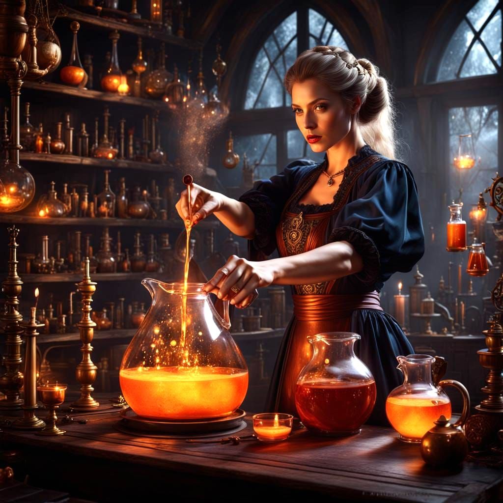 Fantasy Witch Casting Spell in Alchemy Laboratory