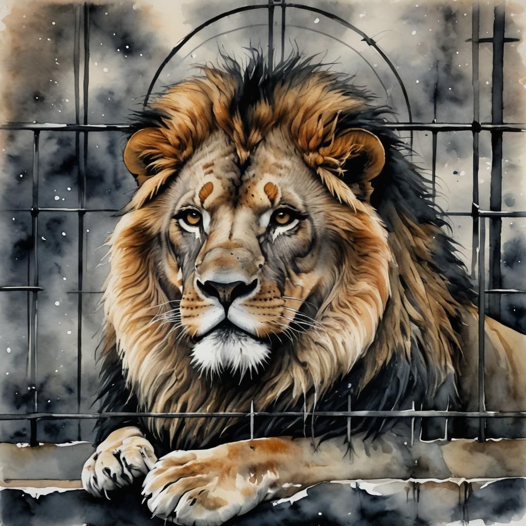 Sad Lion in Zoo Cage: Watercolor Winter