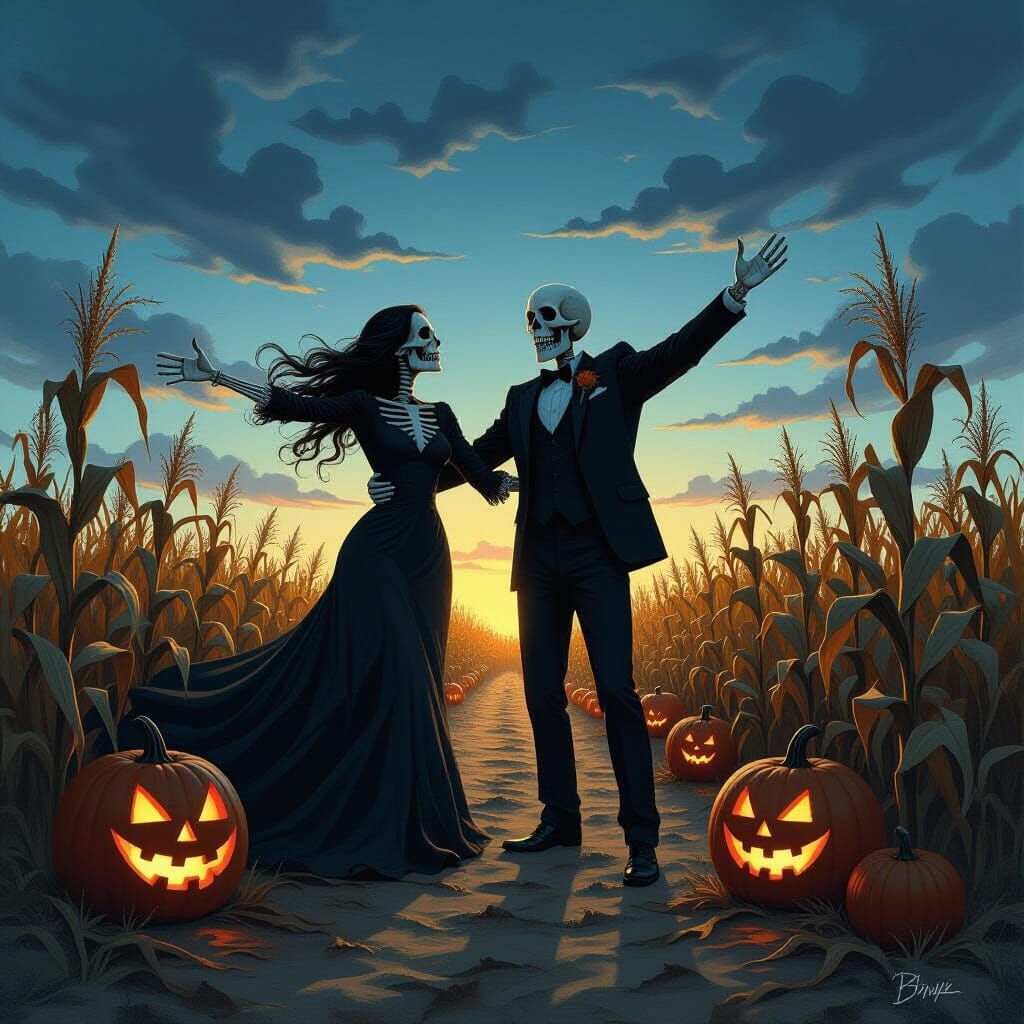 Skeletal Figures Celebrate Harvest Festival in Eerie Twiligh...