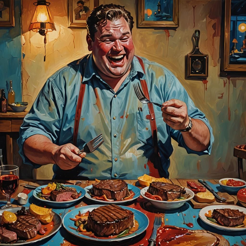 Steak Feast: A Cinematic Oil Painting of Gluttony