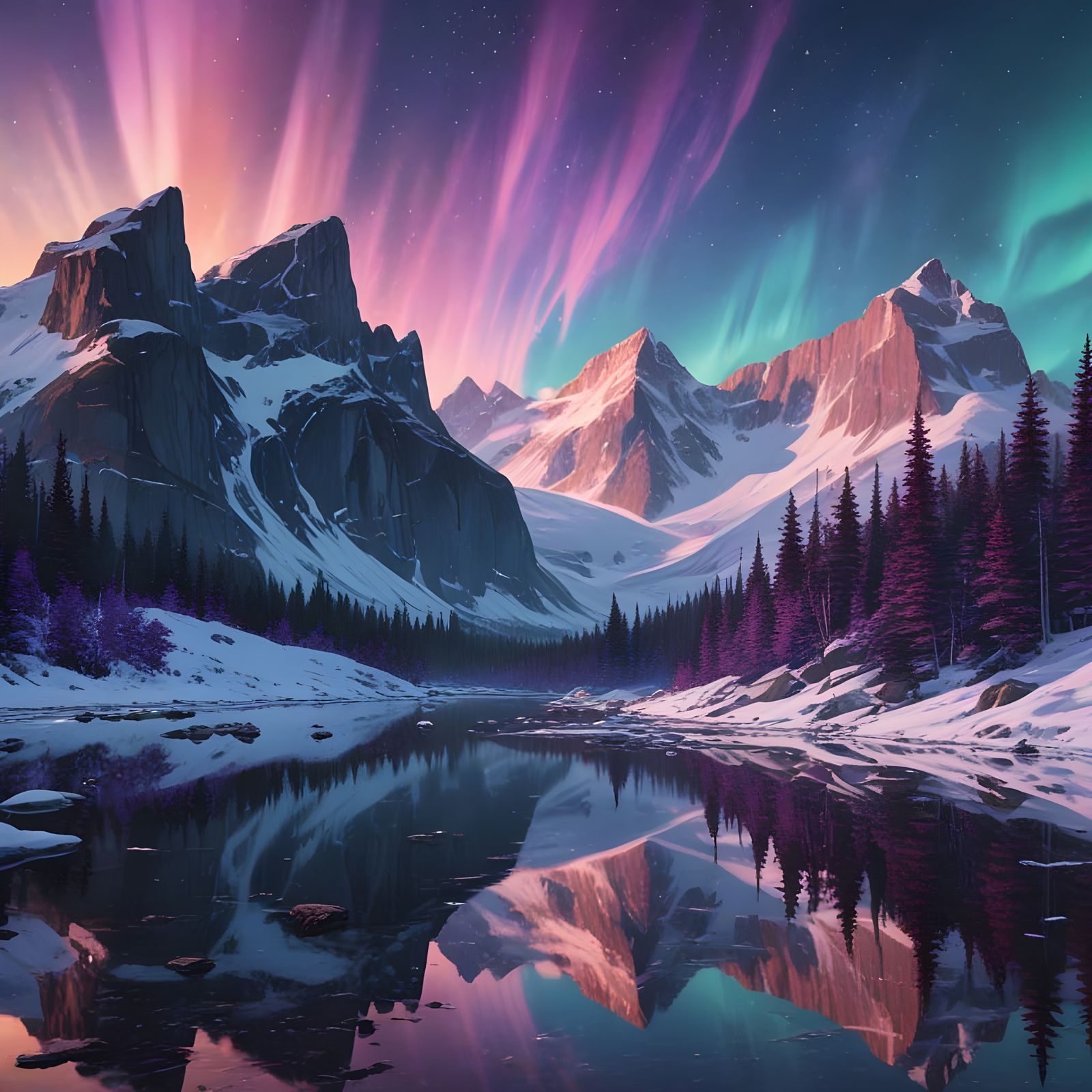 Ethereal Northern Lights Dance Across Snowy Peaks