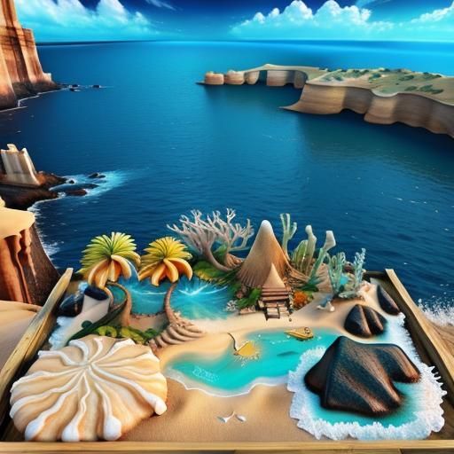Photorealistic 3D Beach Scene with Palms and Cliffs
