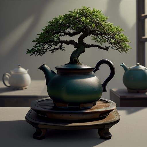 Hyperrealistic Bonsai Tree Growing from Teapot as Oil Painti...